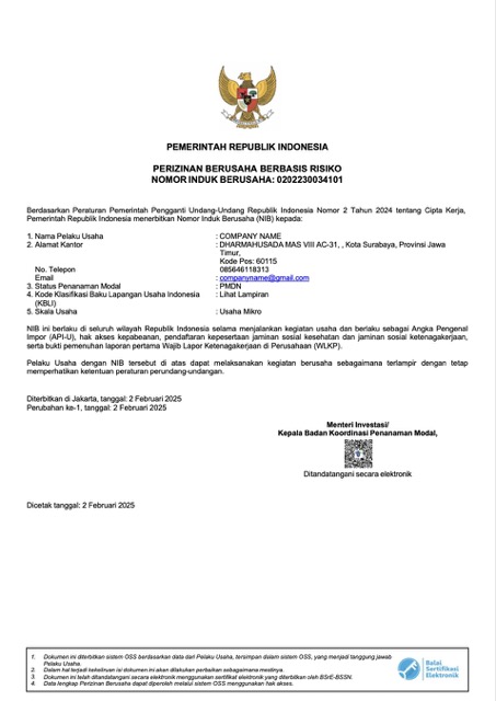 Indonesia certificate of incorporation Word and PDF template